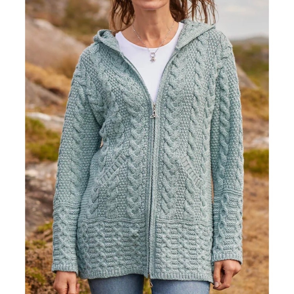 Aran Crafts Ireland Merino Wool Hooded Zip Cardigan Mint Green Sage Large NEW